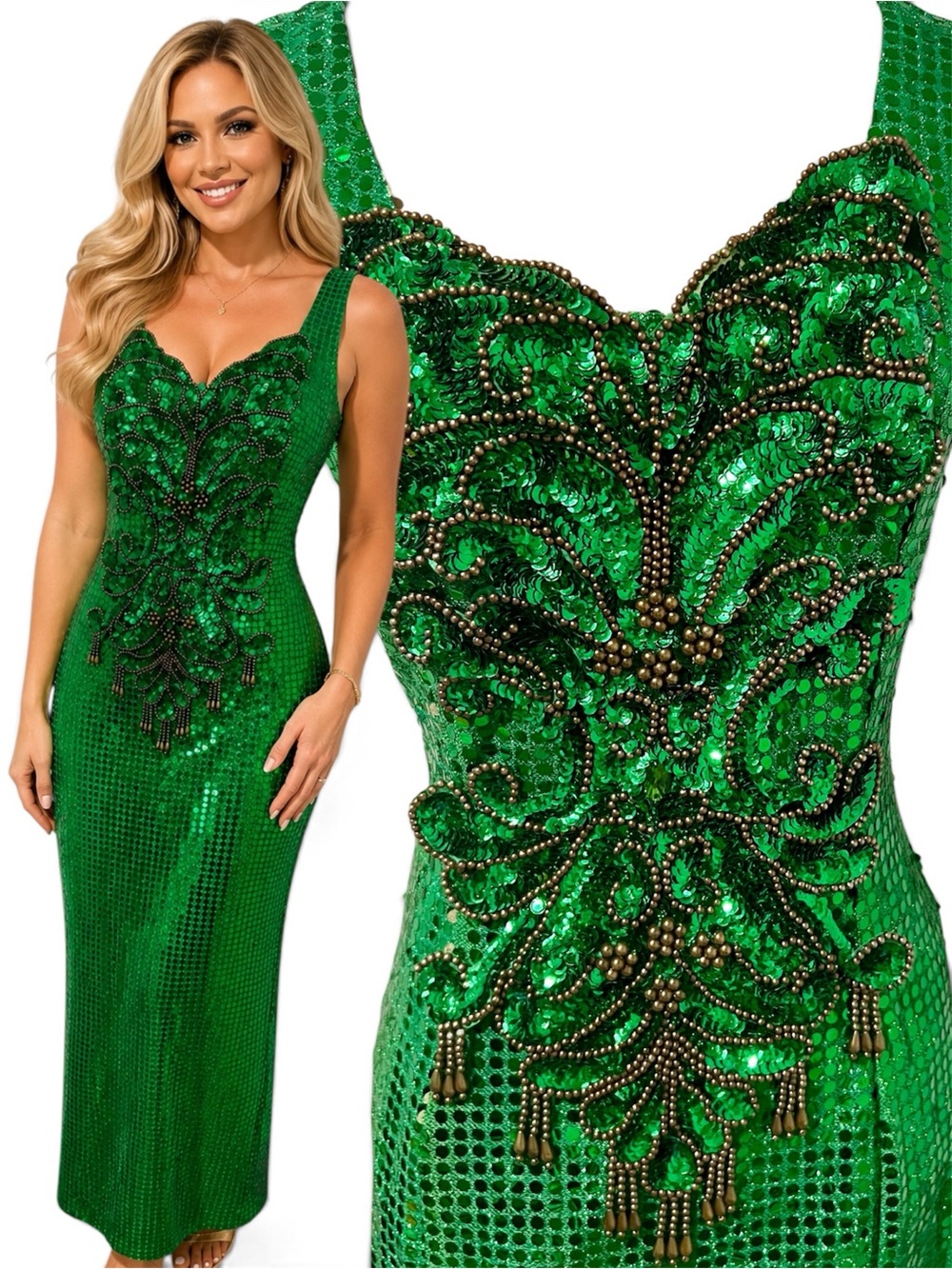 Vintage Sequin Beaded Fringe Evening Prom Formal Cocktail Party Maxi Dress